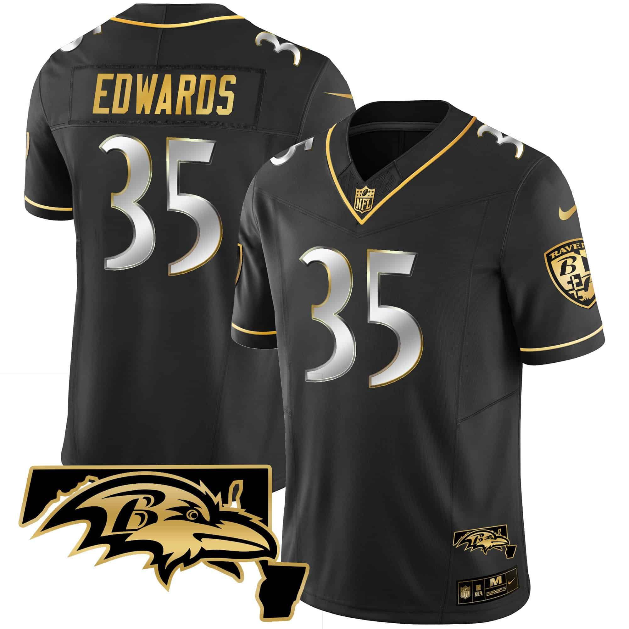 Men Baltimore Ravens 35 Edwards Black Gold 2024 Nike Maryland Patch Vapor Limited NFL Jersey style 1
